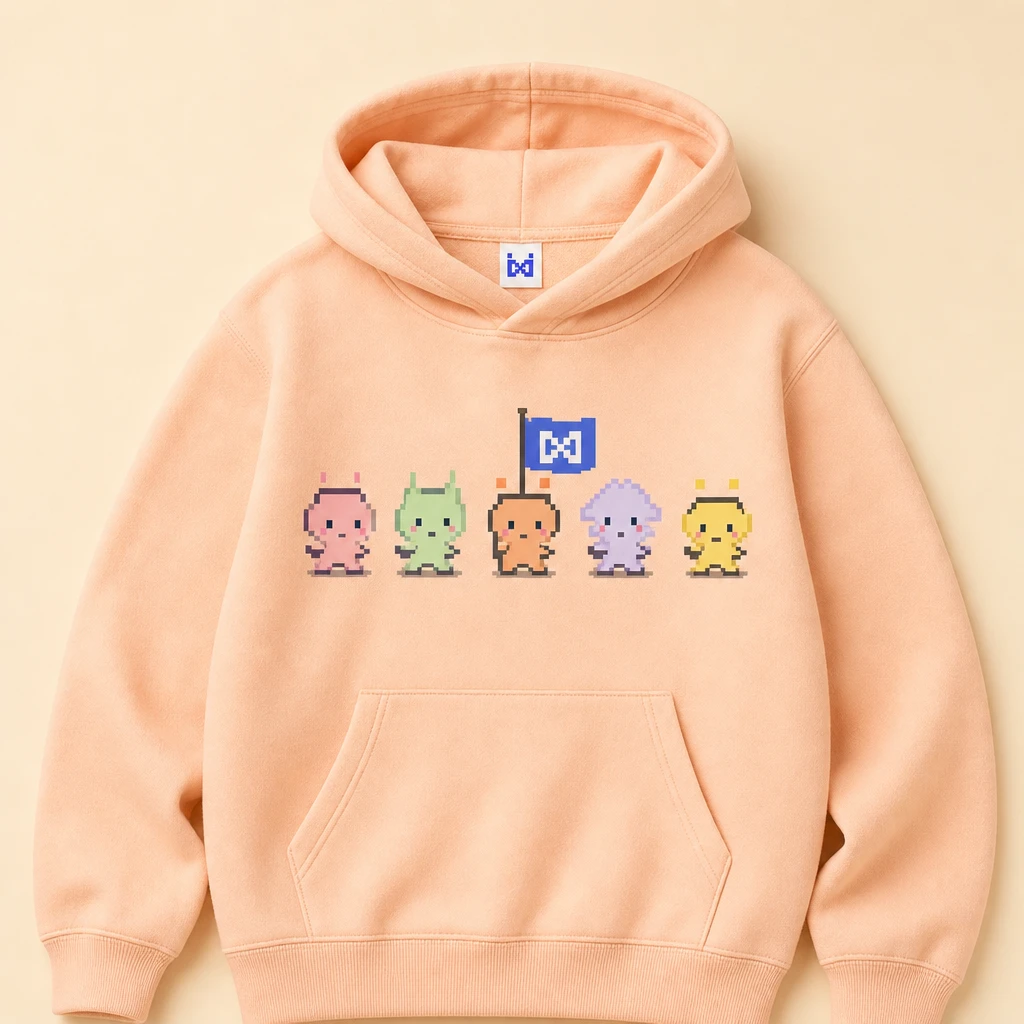 the hoodie mockup: five pixel pixies walking across the chest, one holding a flag