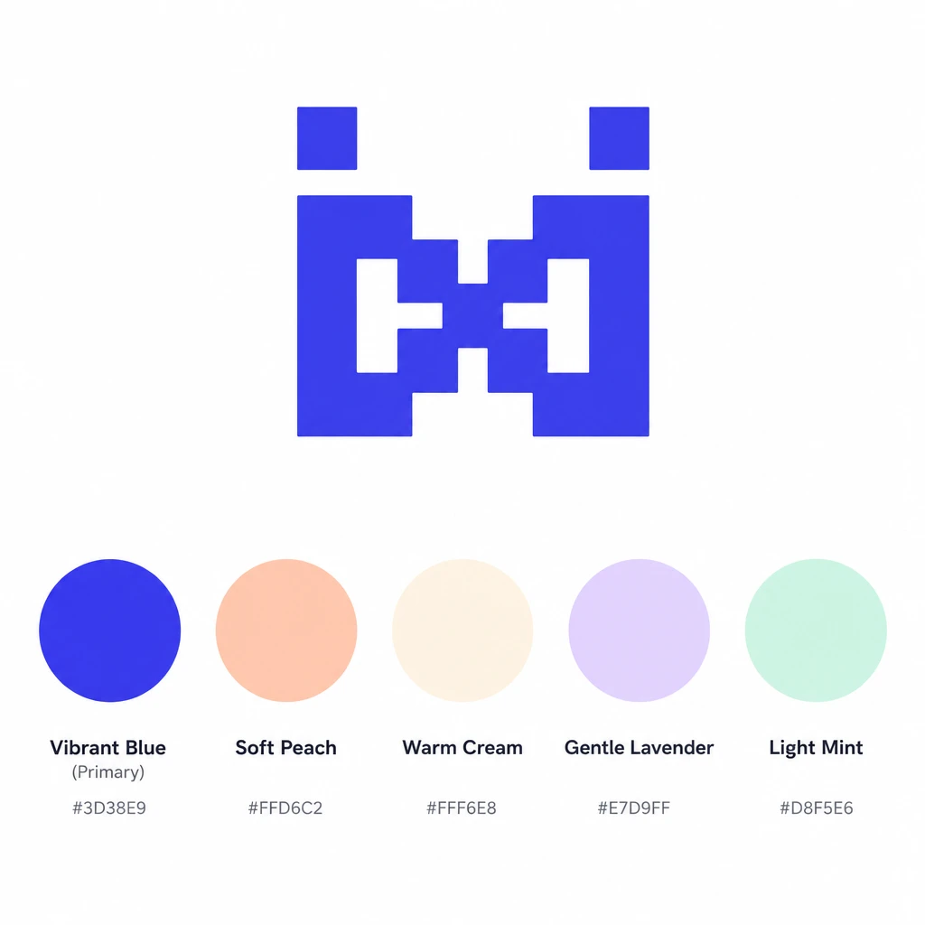 the palette sheet: the pixel monogram above five round swatches with their hex codes