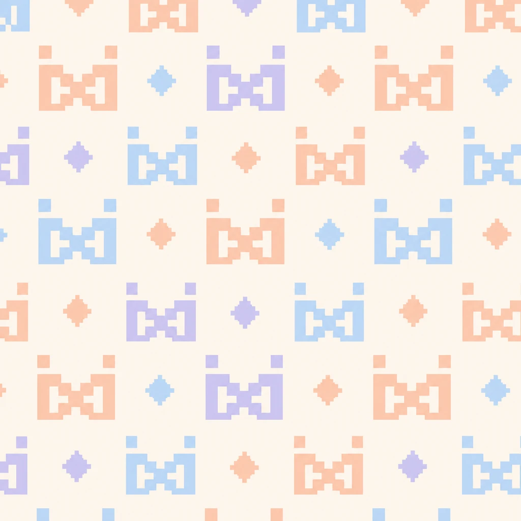the soft-pixel pattern: the monogram in peach, lavender and blue, repeating between diamonds