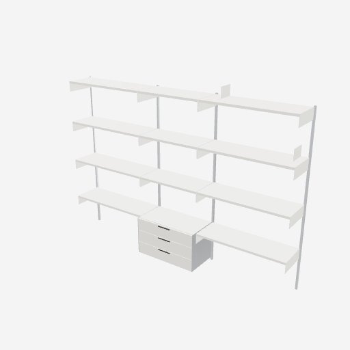 the configured shelving: three bays of shelves at staggered heights and a cabinet of three drawers