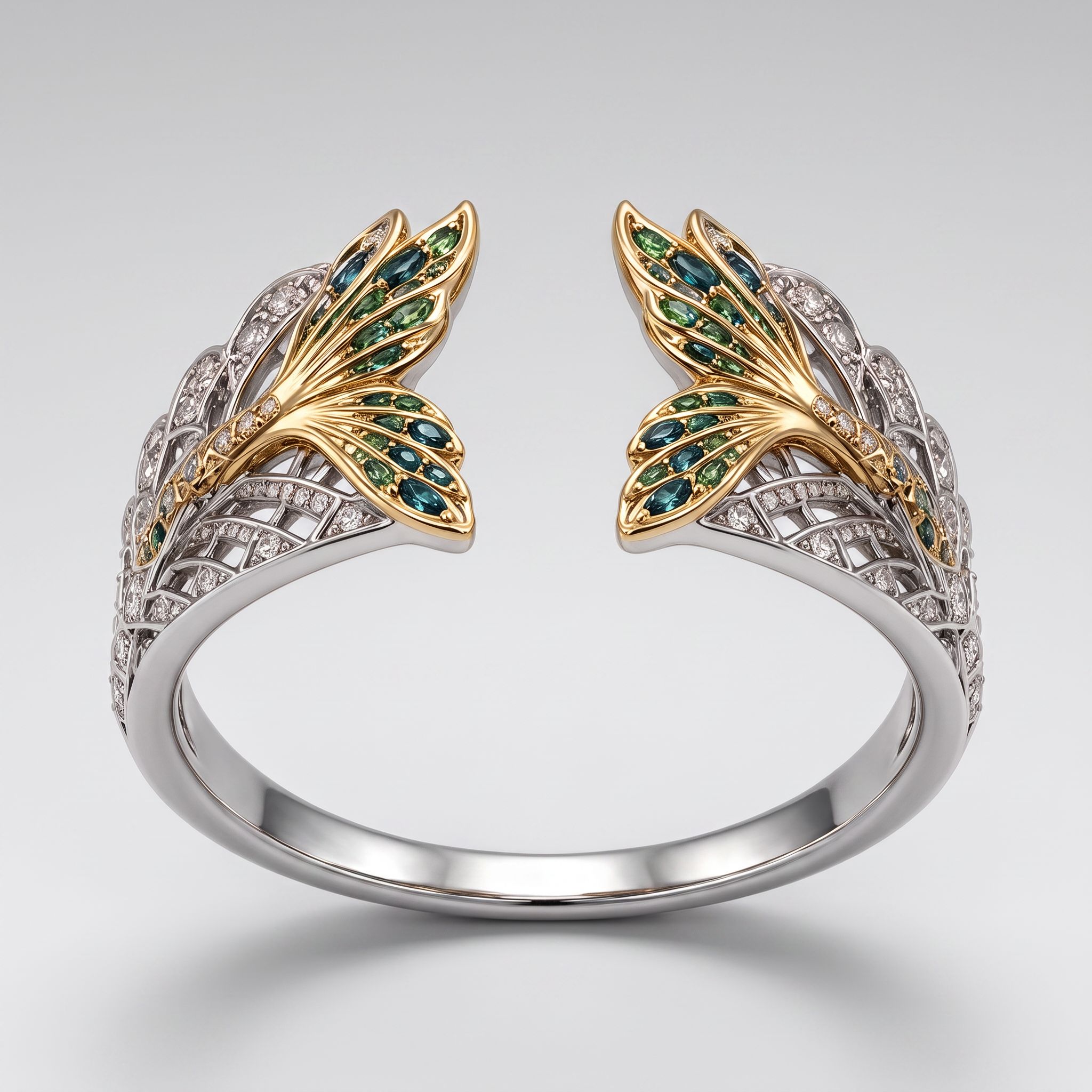 an open two-tone band from the Mermaid session, wings picked out in gold with green and blue stones